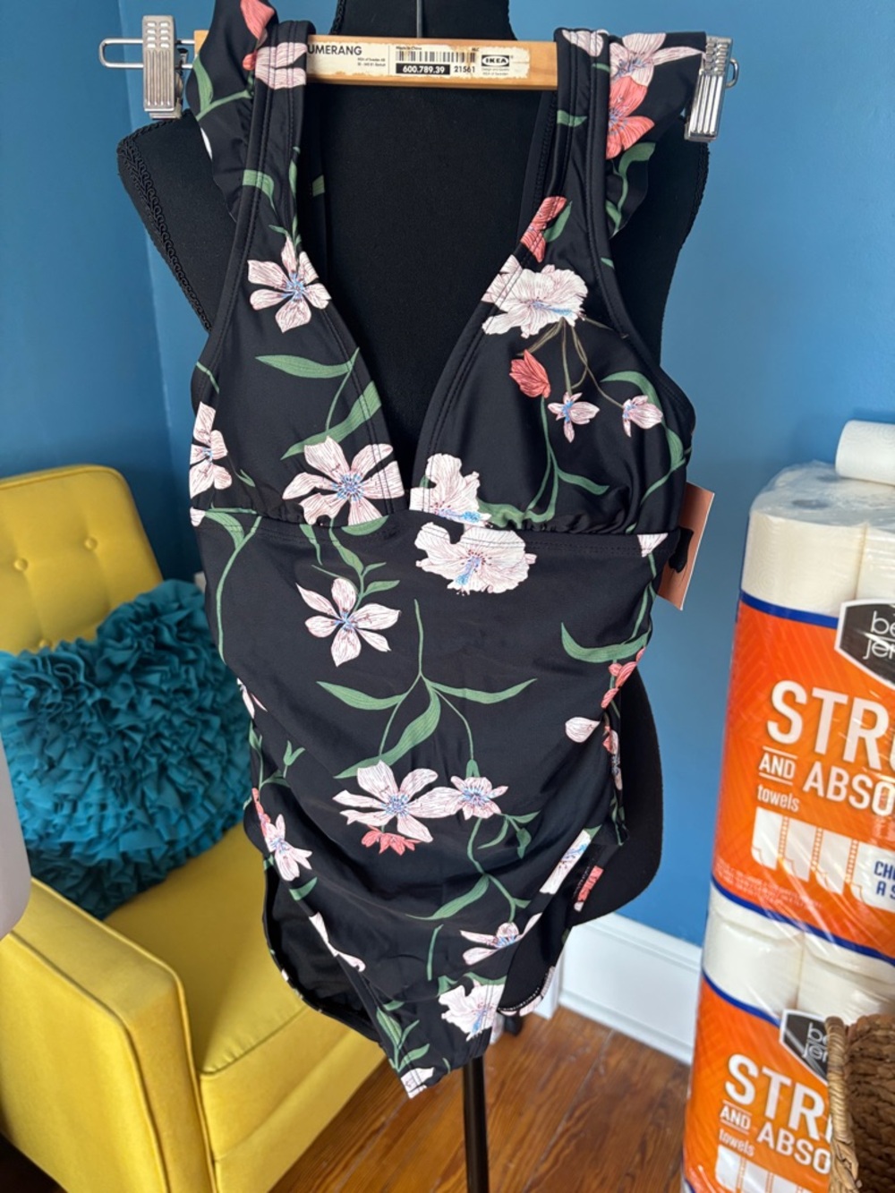 Black Floral One-Piece Swimsuit size small brand new never worn